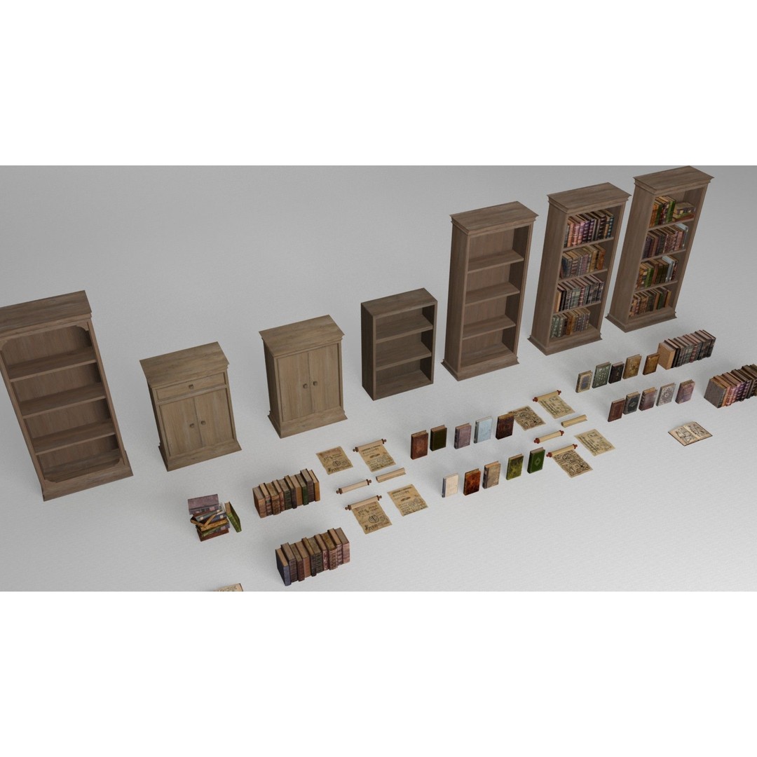Ancient Books 3D Model – Low Poly Bookcases & Shelves, FBX - View 11