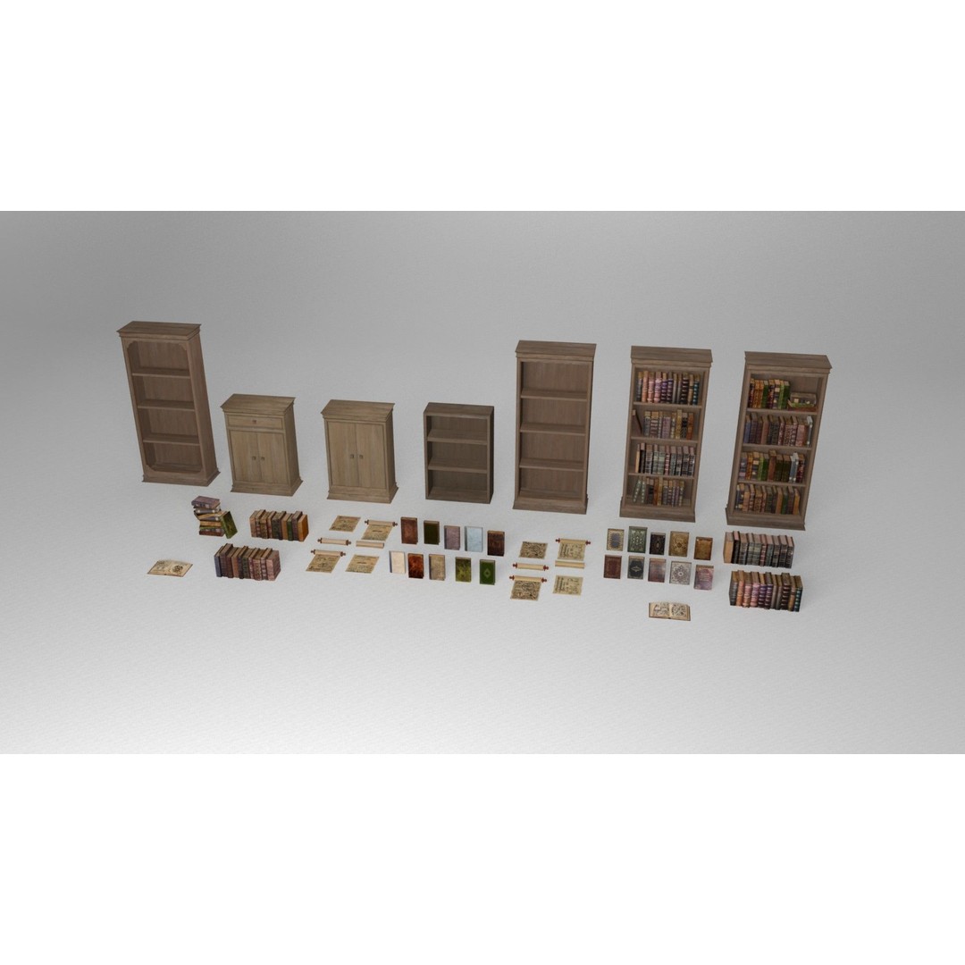 Ancient Books 3D Model – Low Poly Bookcases & Shelves, FBX - View 12