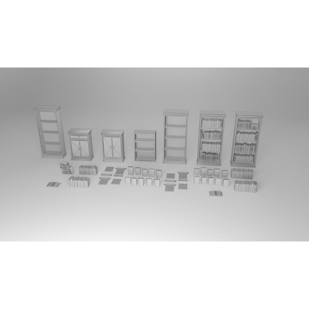 Ancient Books 3D Model – Low Poly Bookcases & Shelves, FBX - View 13