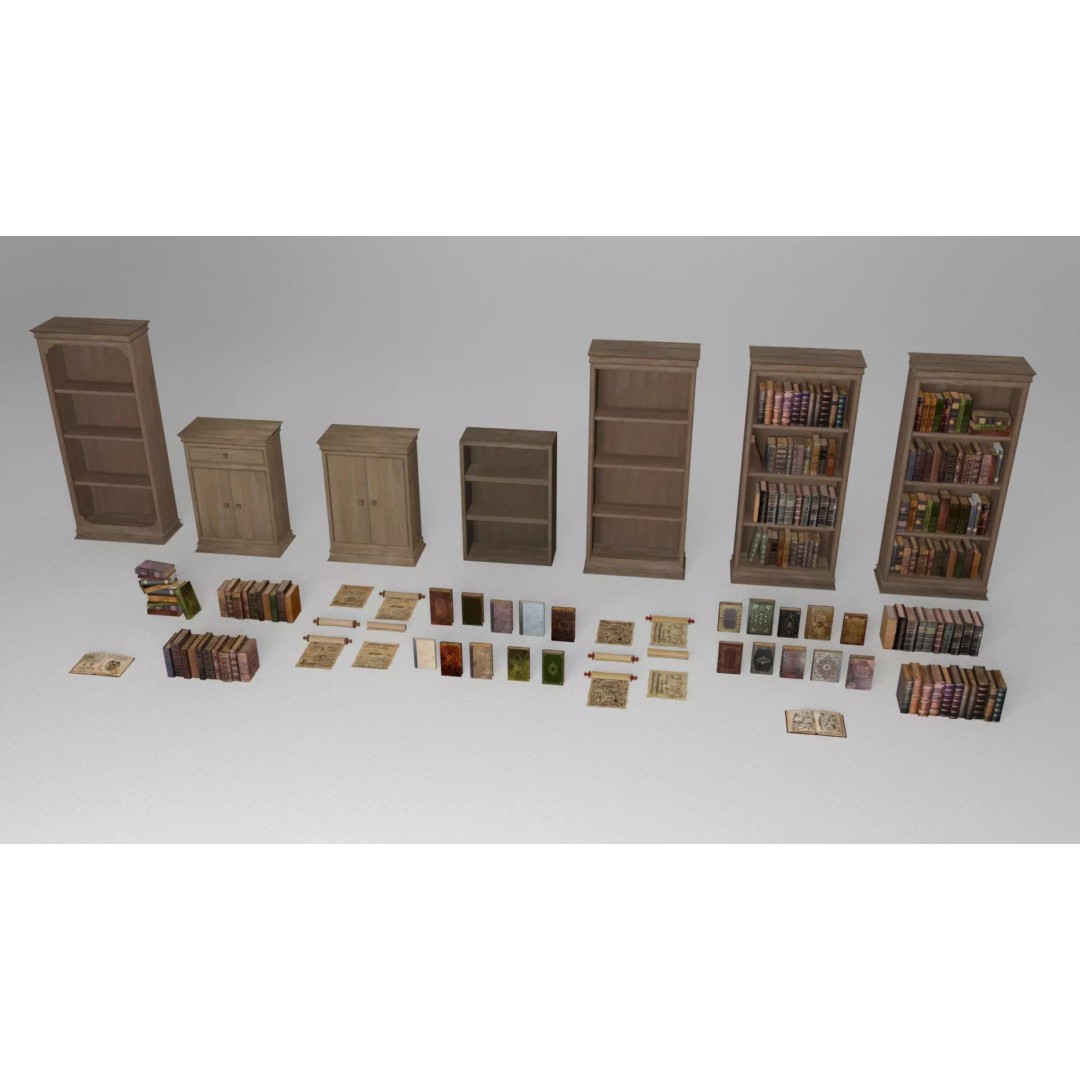 Ancient Books 3D Model – Low Poly Bookcases & Shelves, FBX - View 2