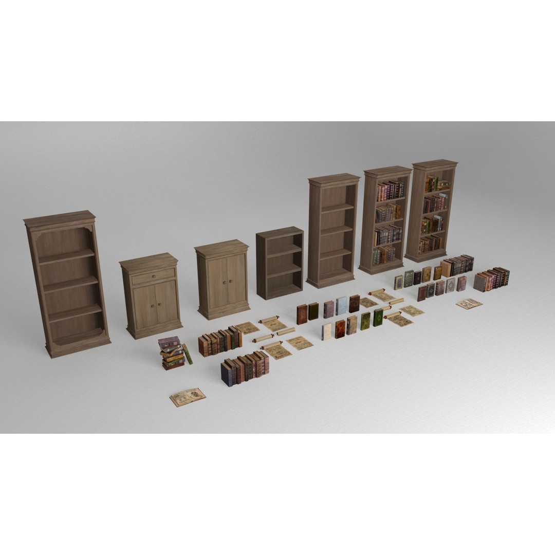Ancient Books 3D Model – Low Poly Bookcases & Shelves, FBX - View 3
