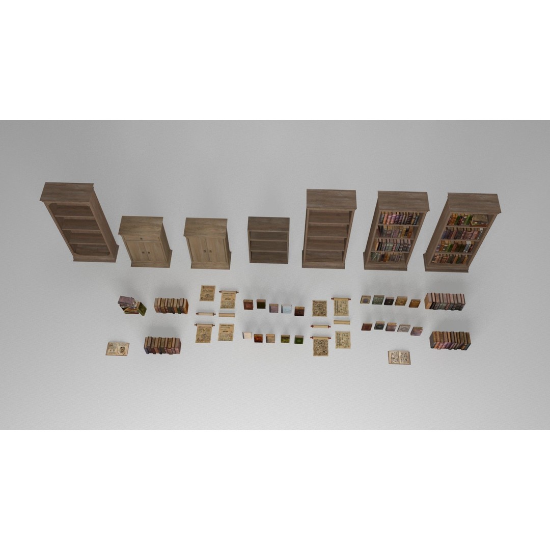 Ancient Books 3D Model – Low Poly Bookcases & Shelves, FBX - View 4