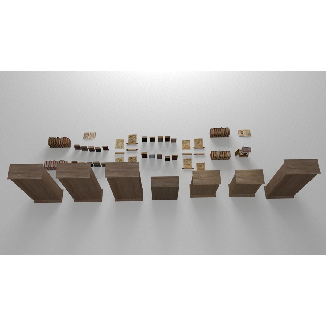 Ancient Books 3D Model – Low Poly Bookcases & Shelves, FBX - View 5