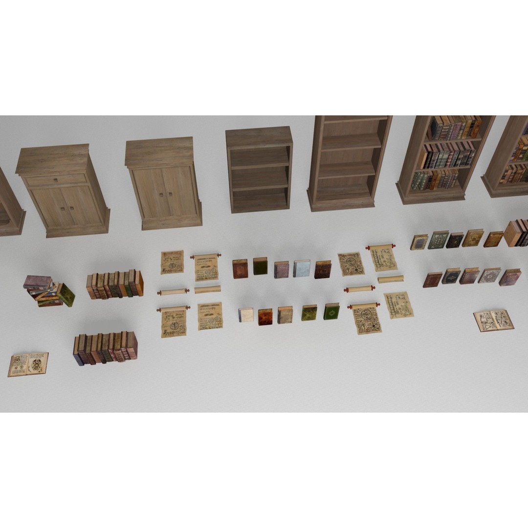 Ancient Books 3D Model – Low Poly Bookcases & Shelves, FBX - View 6