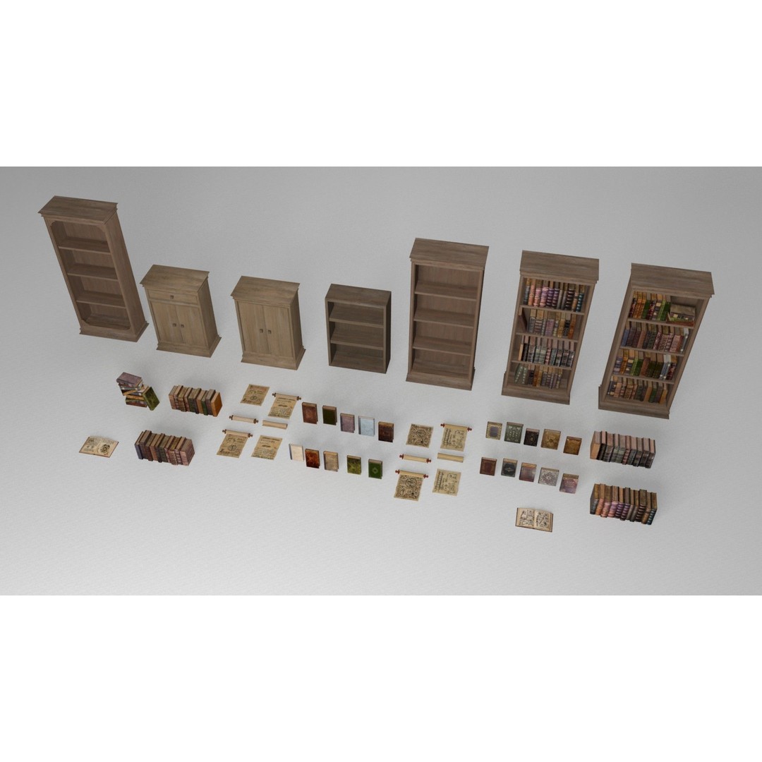 Ancient Books 3D Model – Low Poly Bookcases & Shelves, FBX - View 7