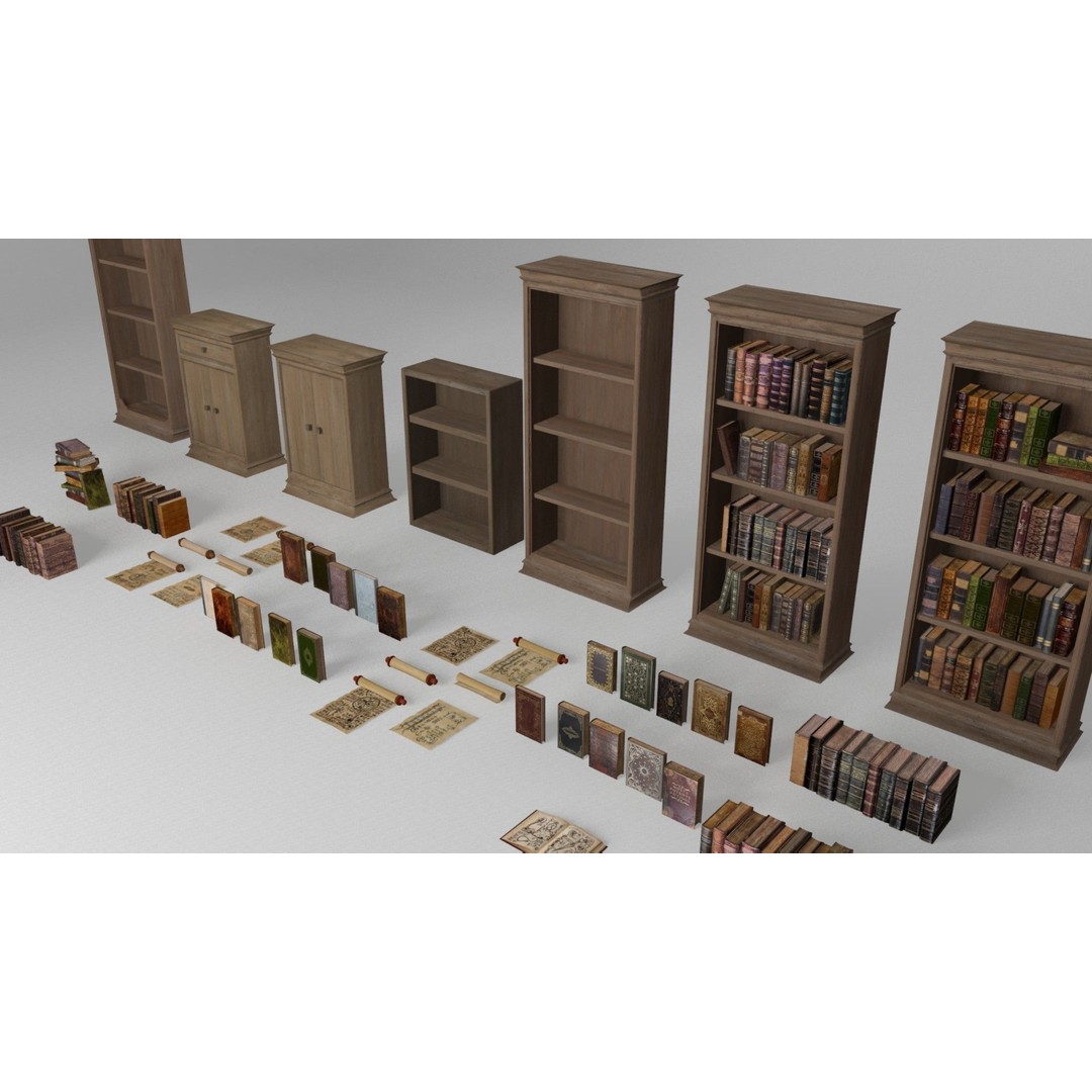 Ancient Books 3D Model – Low Poly Bookcases & Shelves, FBX - View 8