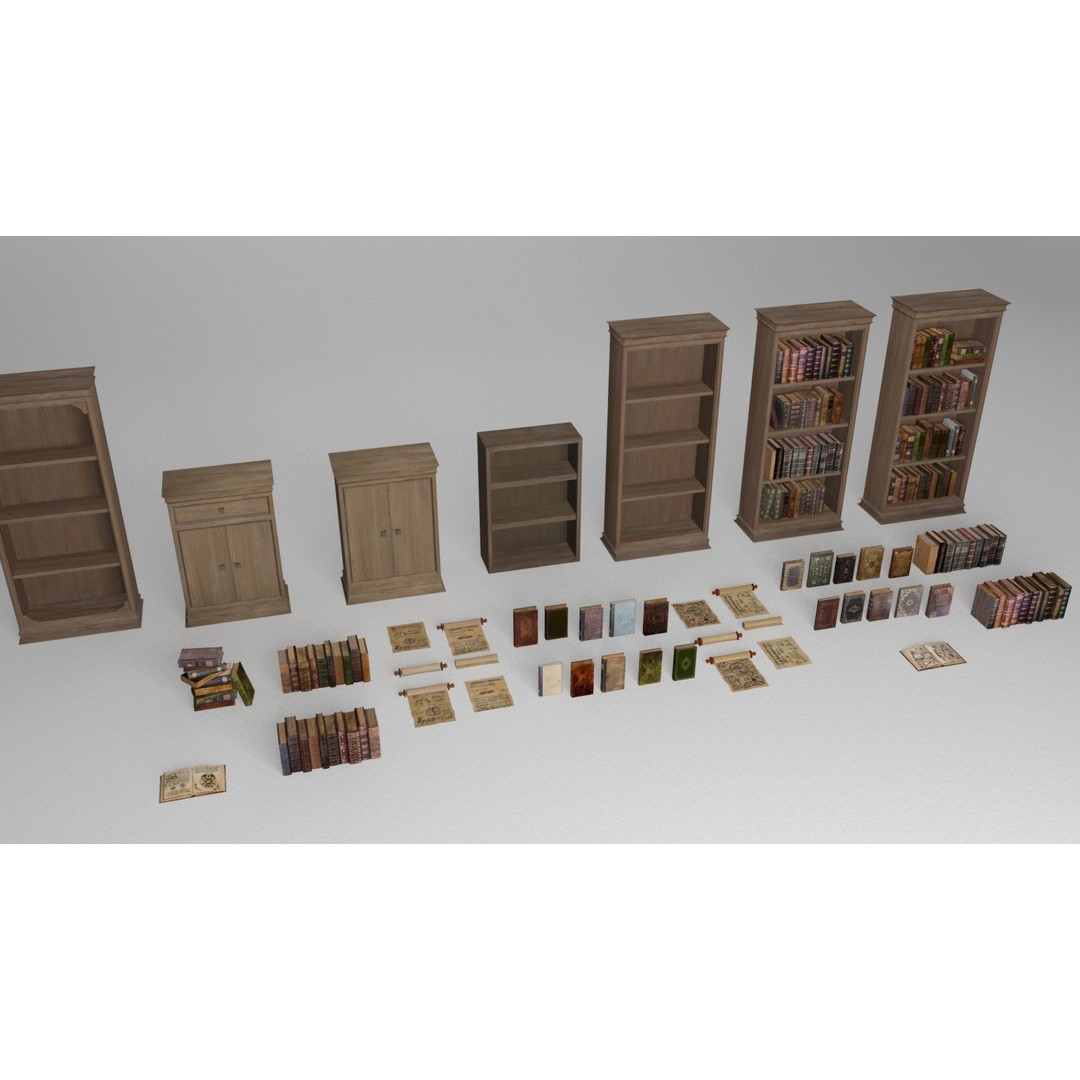Ancient Books 3D Model – Low Poly Bookcases & Shelves, FBX - View 9