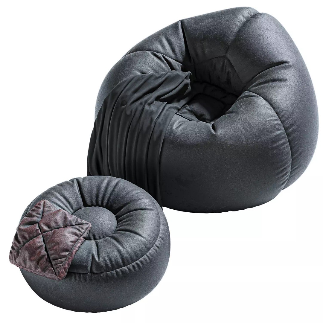 Bean Bag Chair 3D Model – Low Poly Leather Furniture Set, FBX, OBJ - View 2