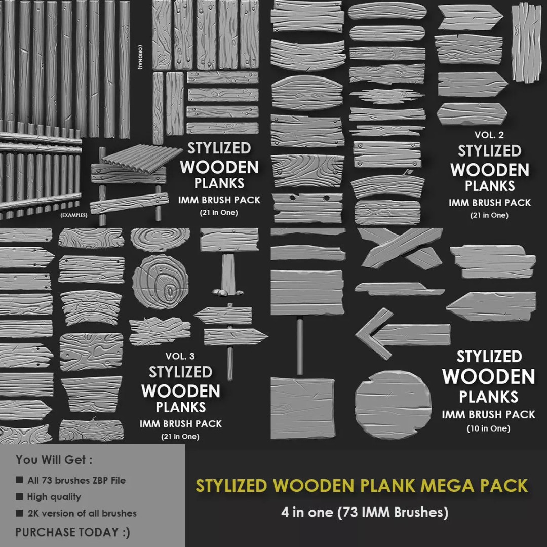 Stylized Wooden Plank 3D Model – IMM Brush Mega Pack, 73 Brushes - View 2