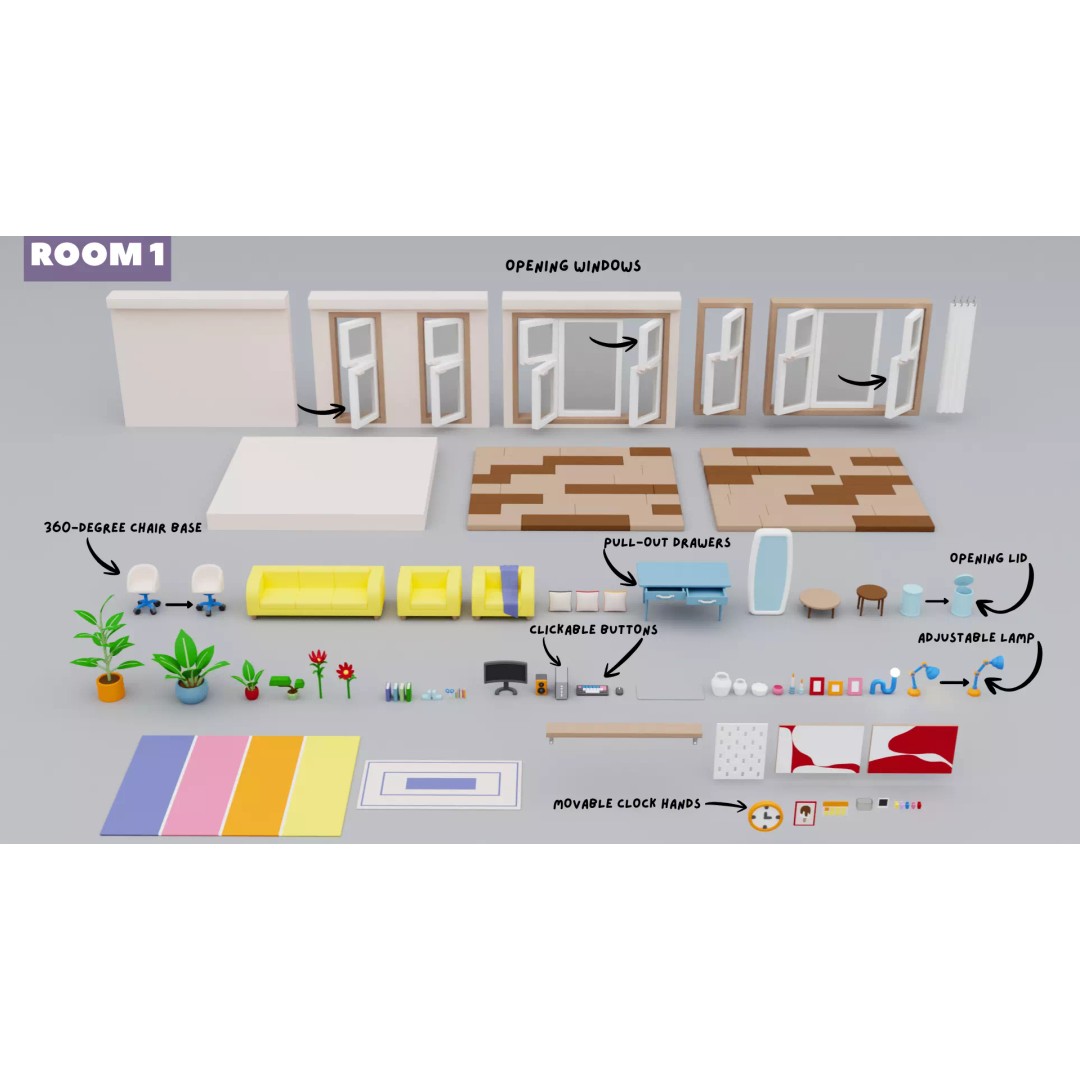 Cozy Interior Pack 3D Model – Low Poly Cartoon Furniture & Rooms for Unity - View 14