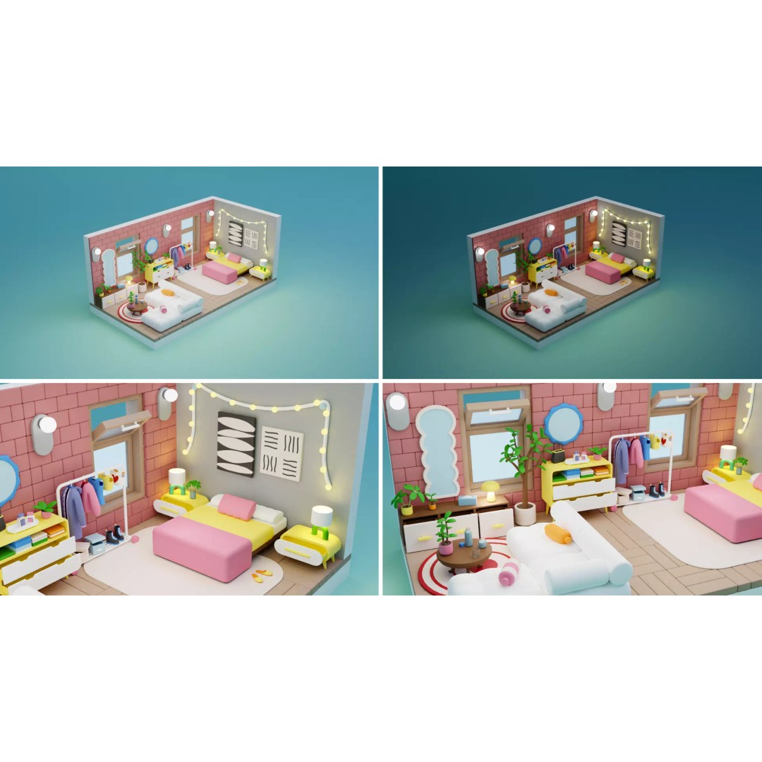 Cozy Interior Pack 3D Model – Low Poly Cartoon Furniture & Rooms for Unity - View 4