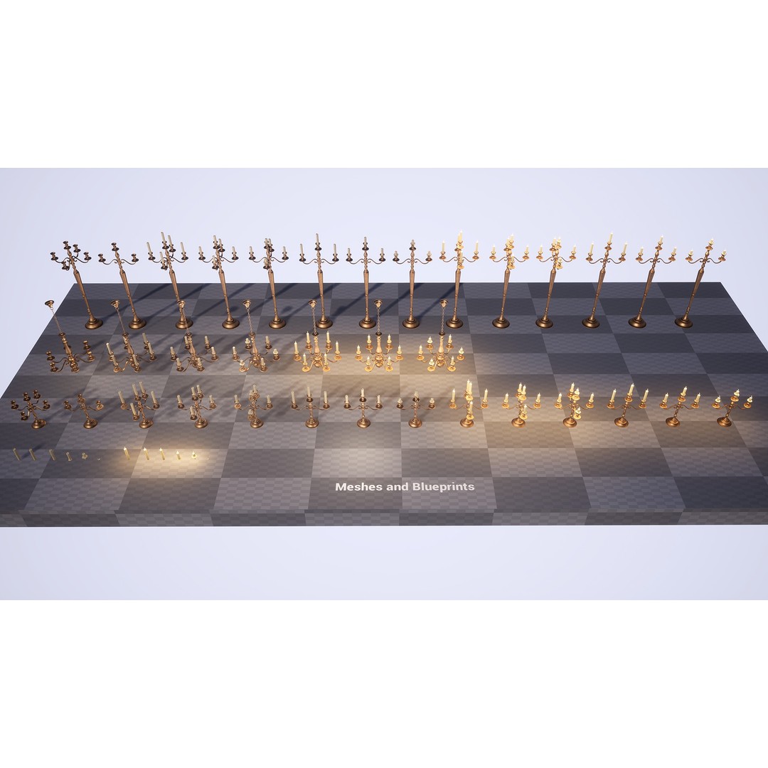 Candlesticks and Chandeliers 3D Model – PBR Game Ready Low-Poly Set - View 16