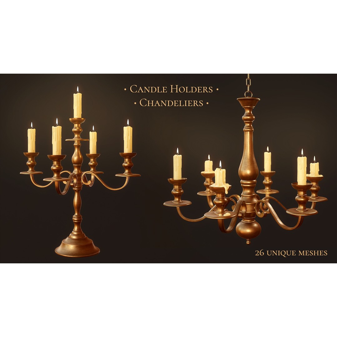 Candlesticks and Chandeliers 3D Model – PBR Game Ready Low-Poly Set - View 3