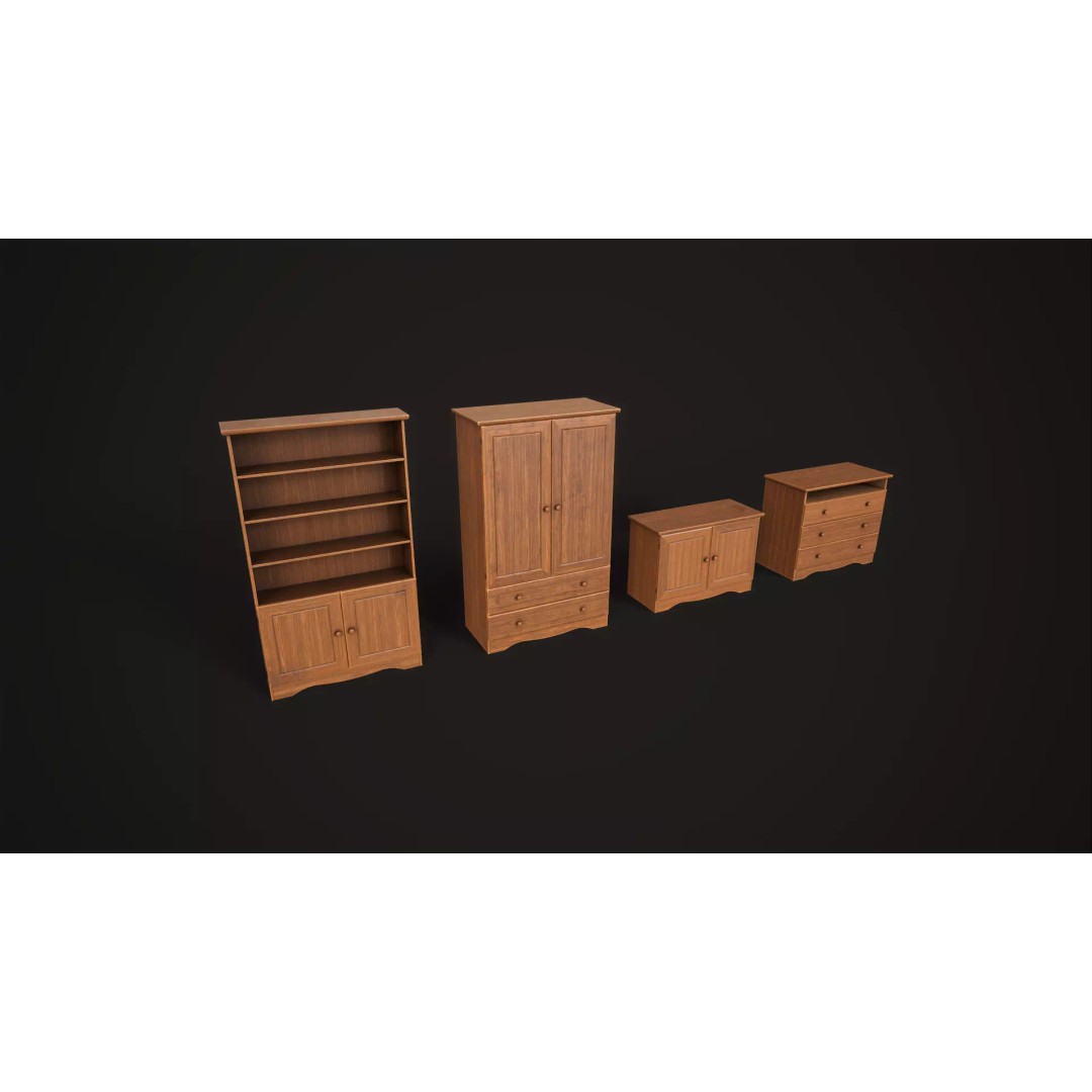 Furniture Set 3D Model – Low Poly Wardrobe, Cabinet, Commode, Bookcase - View 2