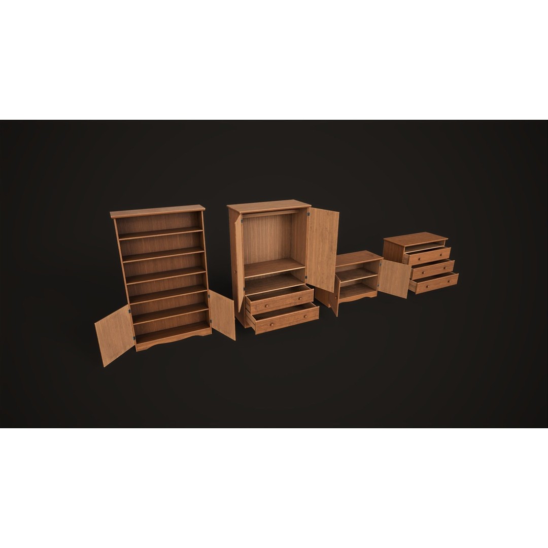 Furniture Set 3D Model – Low Poly Wardrobe, Cabinet, Commode, Bookcase - View 3