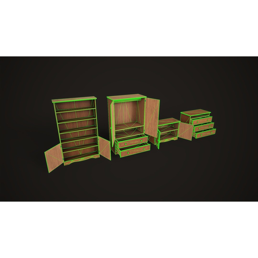 Furniture Set 3D Model – Low Poly Wardrobe, Cabinet, Commode, Bookcase - View 9