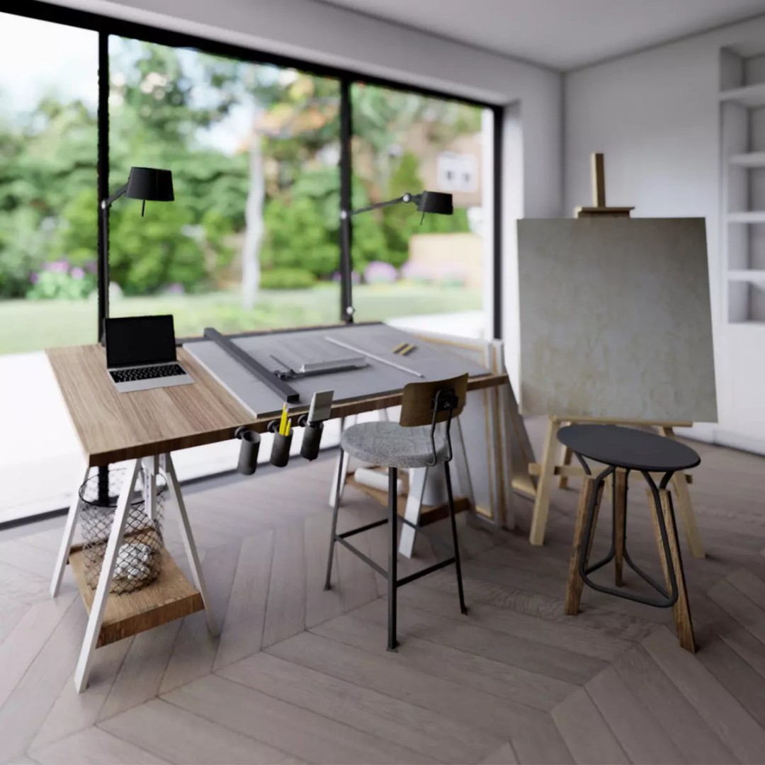 Drafting Table 3D Model – Low Poly Furniture Asset, FBX, OBJ - View 2