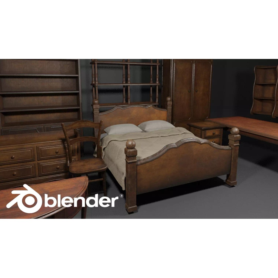 Classic Wooden Furniture Set 3D Model – Low Poly Game Asset, FBX - View 2