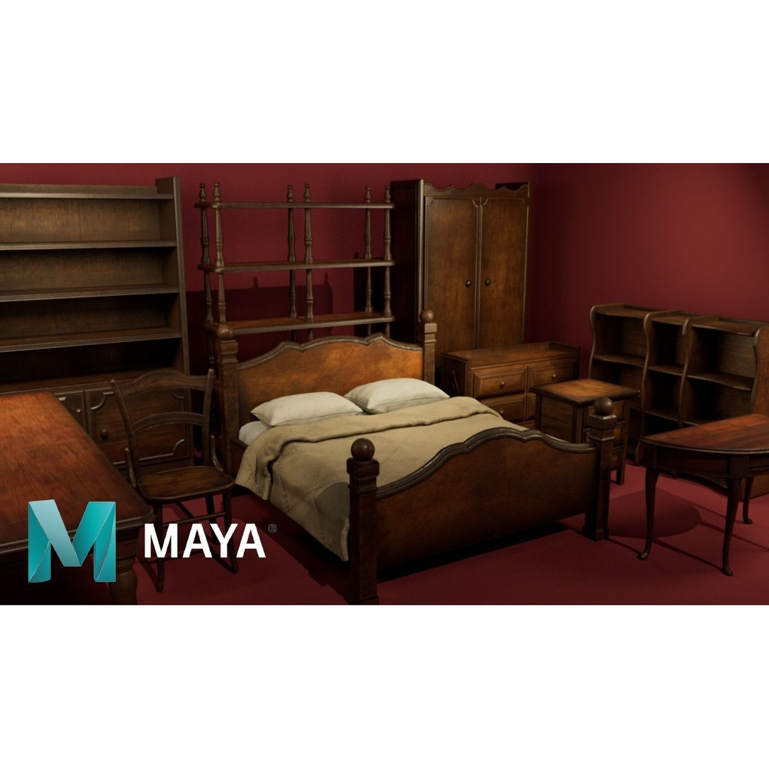 Classic Wooden Furniture Set 3D Model – Low Poly Game Asset, FBX - View 3