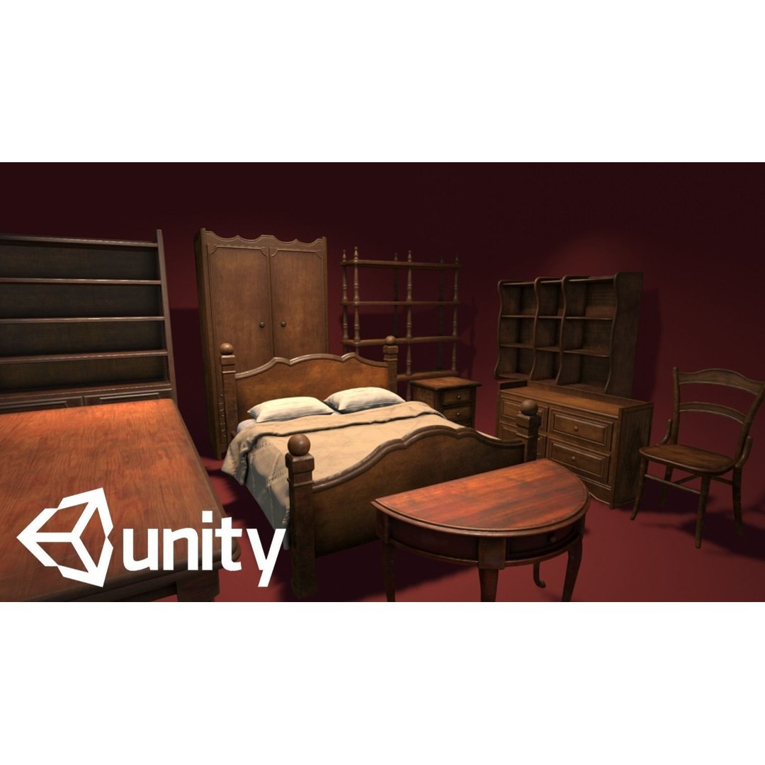 Classic Wooden Furniture Set 3D Model – Low Poly Game Asset, FBX - View 5