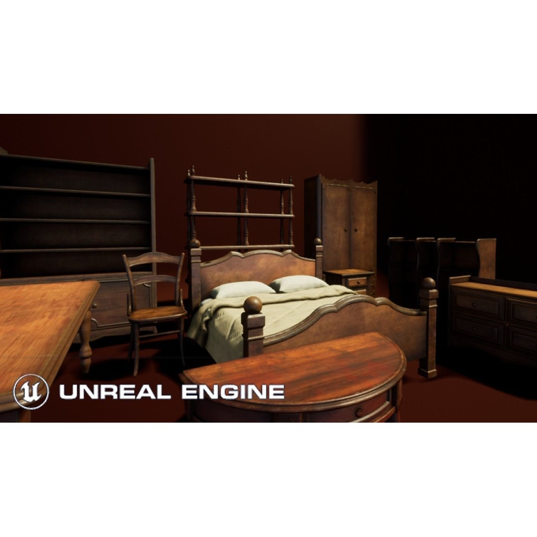 Classic Wooden Furniture Set 3D Model – Low Poly Game Asset, FBX - View 6