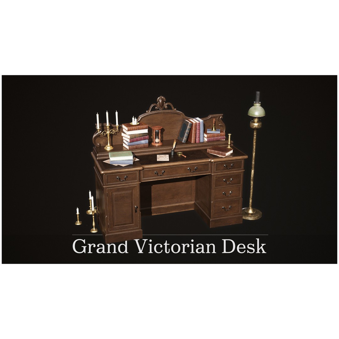 Victorian Desk 3D Model – Low Poly Game Asset with Props, FBX