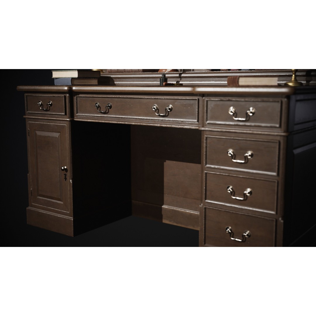 Victorian Desk 3D Model – Low Poly Game Asset with Props, FBX - View 10