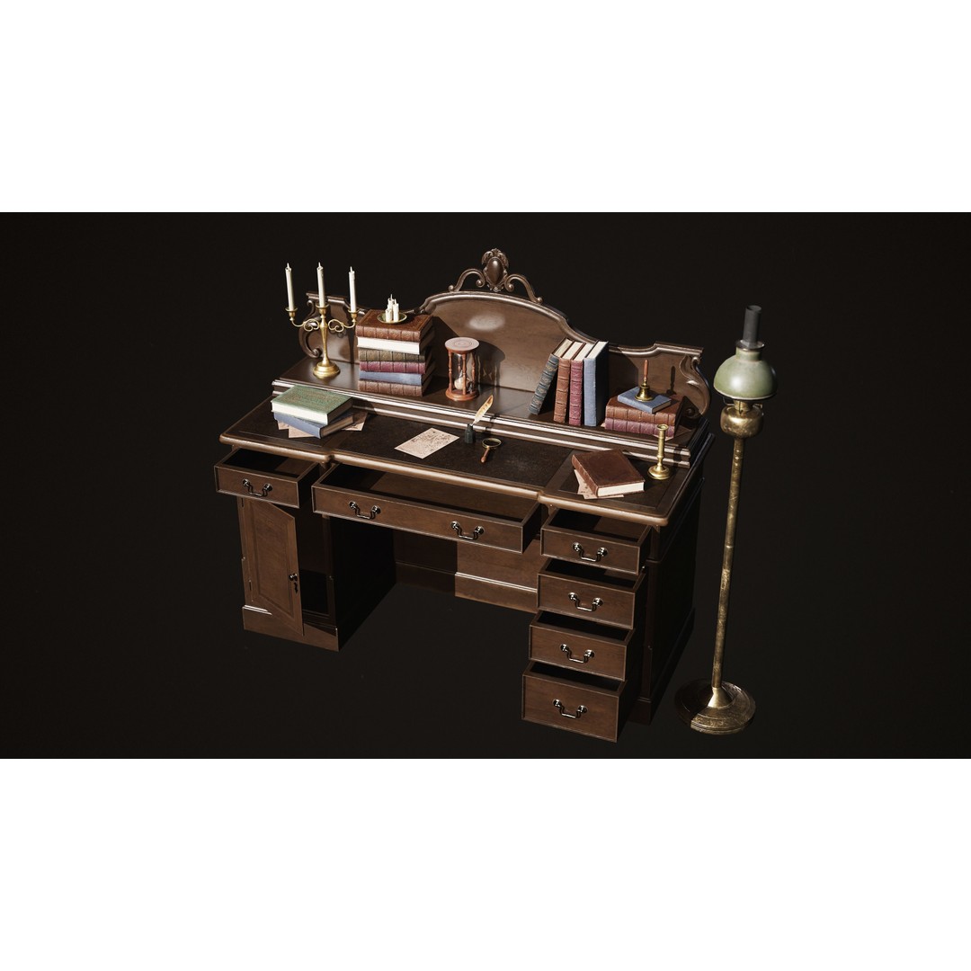 Victorian Desk 3D Model – Low Poly Game Asset with Props, FBX - View 12
