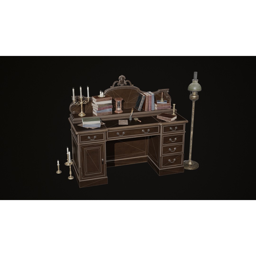 Victorian Desk 3D Model – Low Poly Game Asset with Props, FBX - View 15