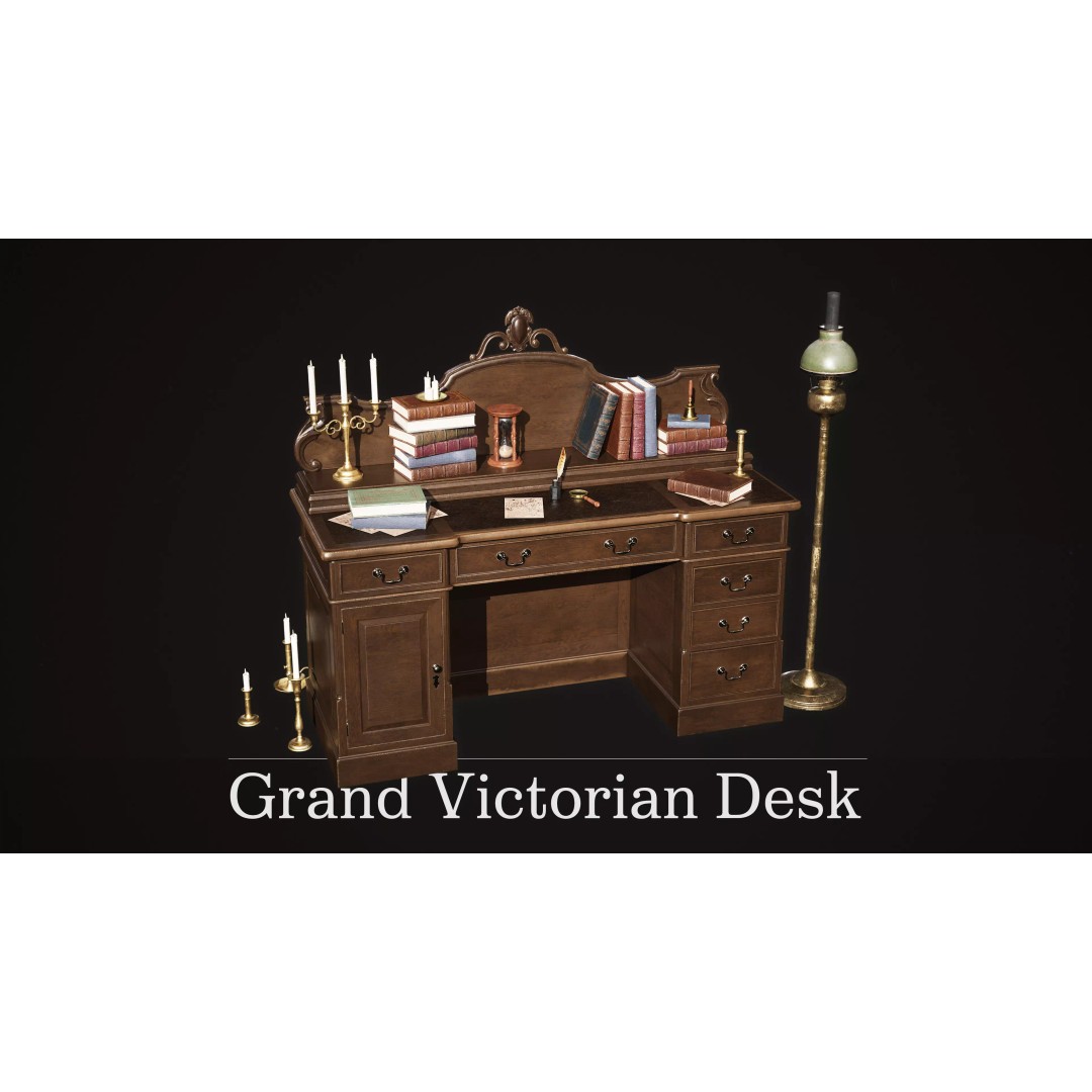Victorian Desk 3D Model – Low Poly Game Asset with Props, FBX - View 2