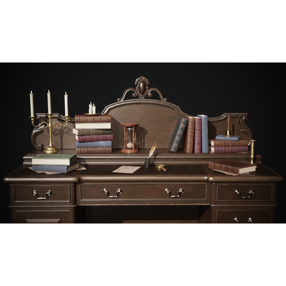 Victorian Desk 3D Model – Low Poly Game Asset with Props, FBX - View 3