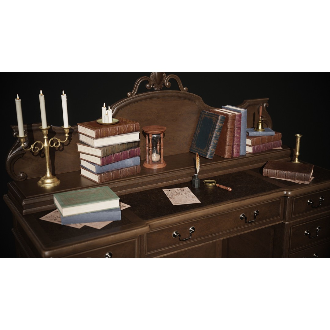Victorian Desk 3D Model – Low Poly Game Asset with Props, FBX - View 5