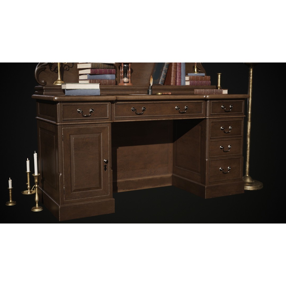 Victorian Desk 3D Model – Low Poly Game Asset with Props, FBX - View 6