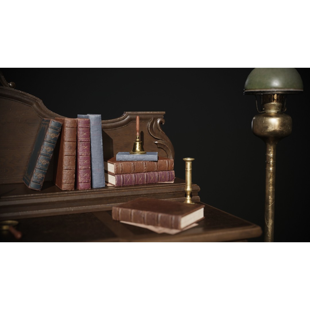 Victorian Desk 3D Model – Low Poly Game Asset with Props, FBX - View 8