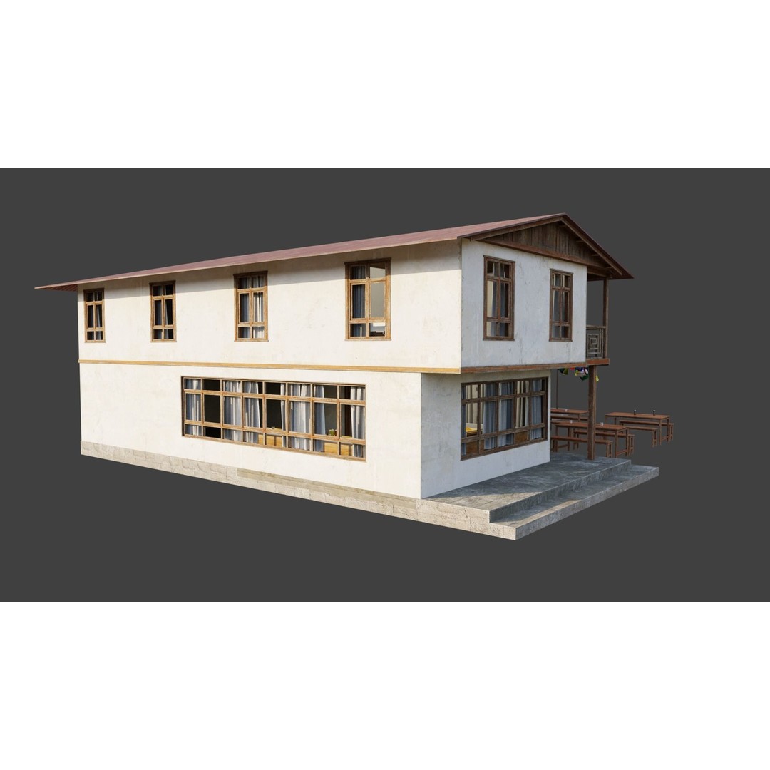 Mountain Lodge 3D Model – Low Poly Himalayan Style with PBR Textures - View 10