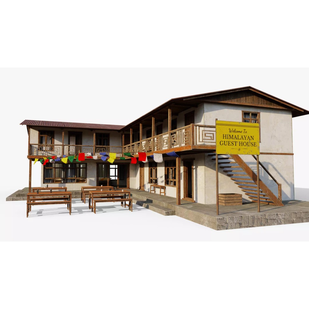 Mountain Lodge 3D Model – Low Poly Himalayan Style with PBR Textures - View 2