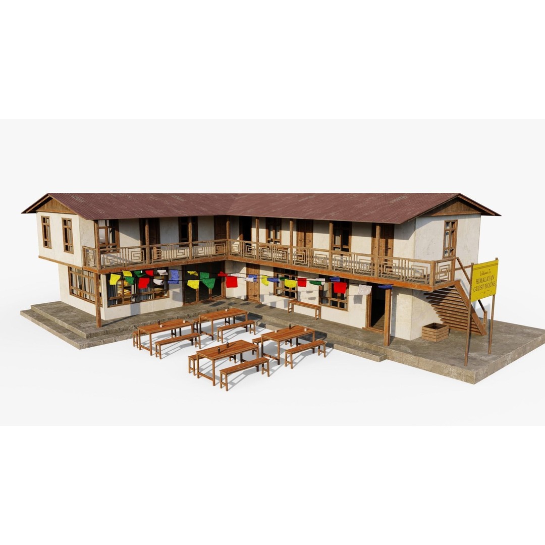 Mountain Lodge 3D Model – Low Poly Himalayan Style with PBR Textures - View 3