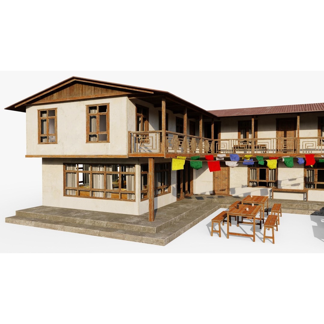Mountain Lodge 3D Model – Low Poly Himalayan Style with PBR Textures - View 4