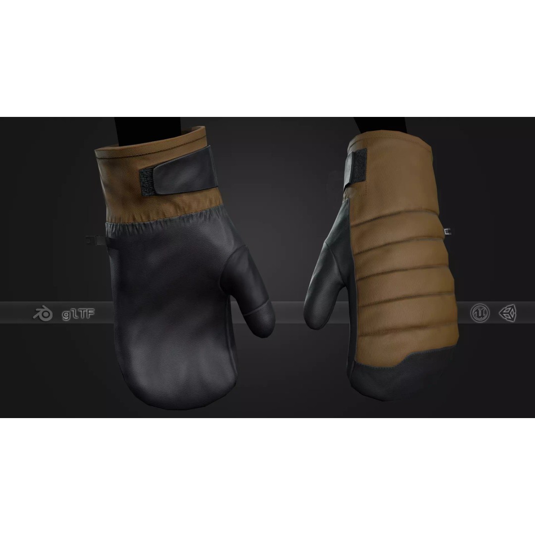Brown And Black Snowboard Gloves 3D Model – Low Poly PBR Game Asset, FBX - View 2