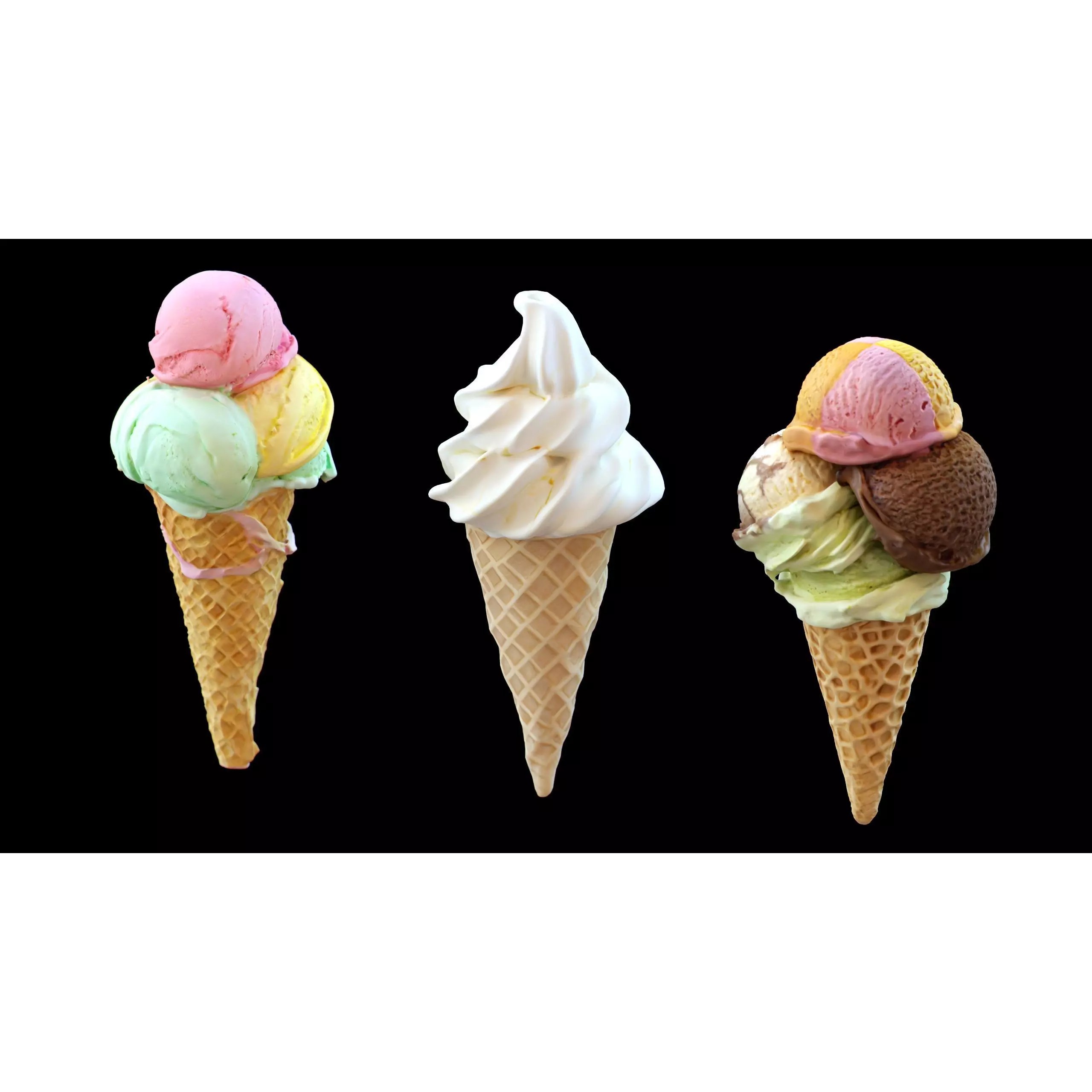 Triple Ice Cream Cone Collection - Game-Ready 3D Model - View 3