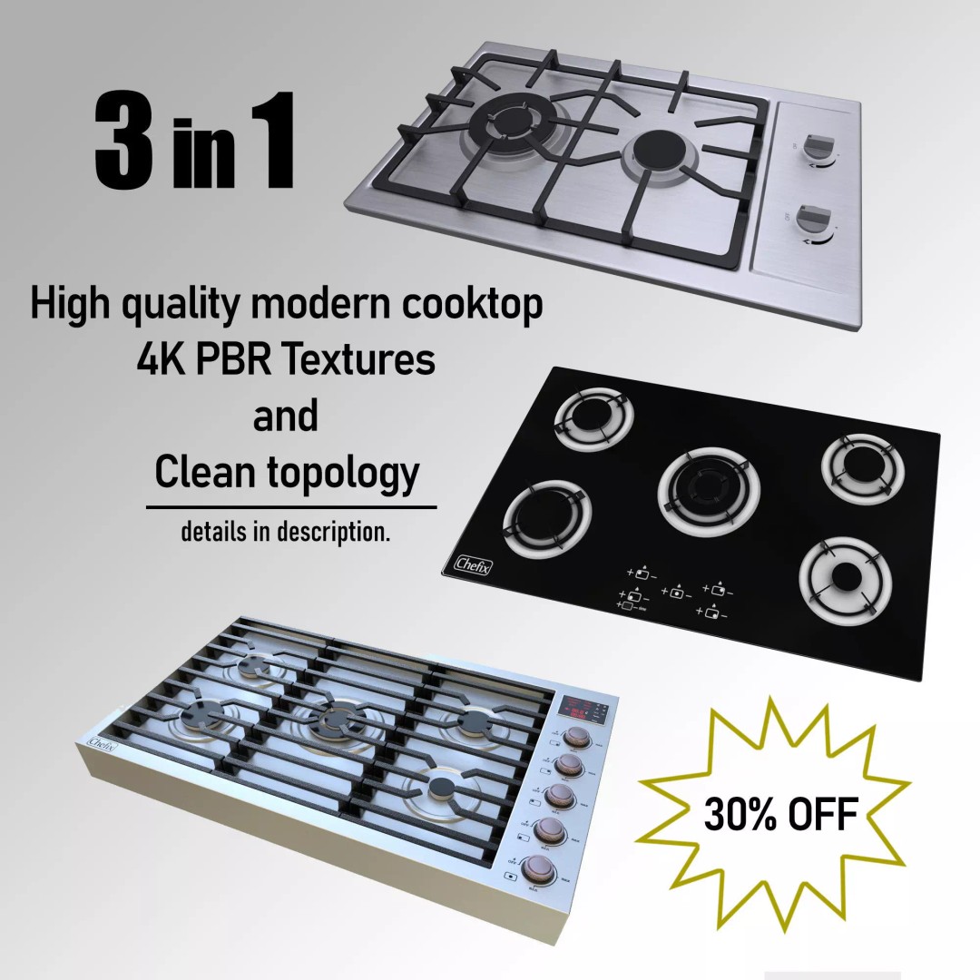 Realistic Cooktop 3D Model – Low Poly PBR Kitchen Appliance, FBX - View 2