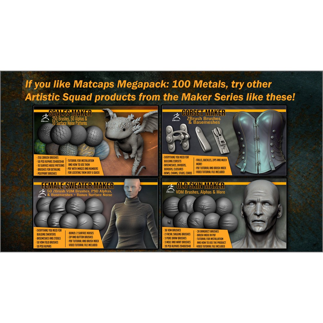 Metals Matcaps 3D Model – Diverse Metallic Textures for ZBrush