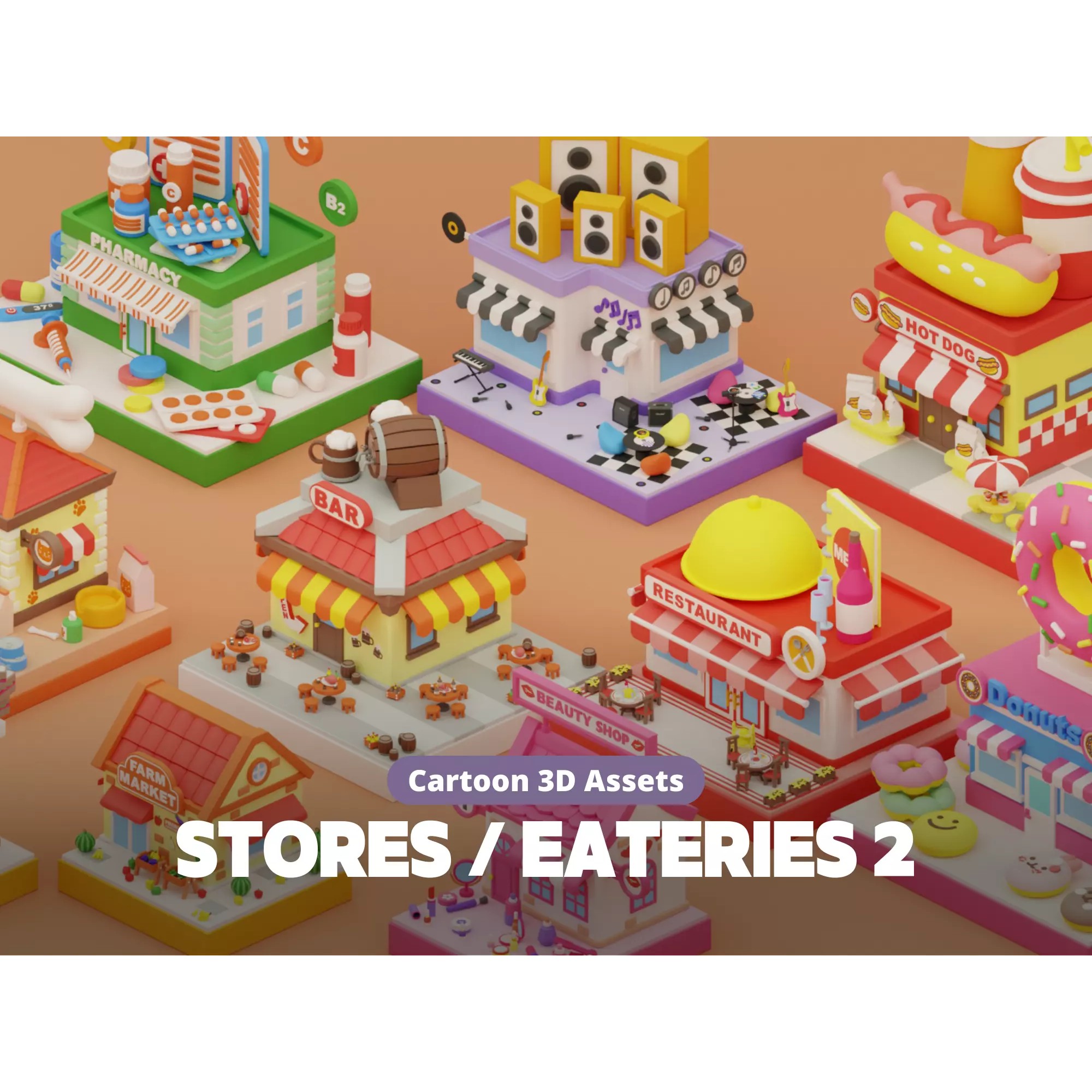 Cartoon Stores Eateries Islands Exteriors 2 - Low-Poly 3D Model - View 2