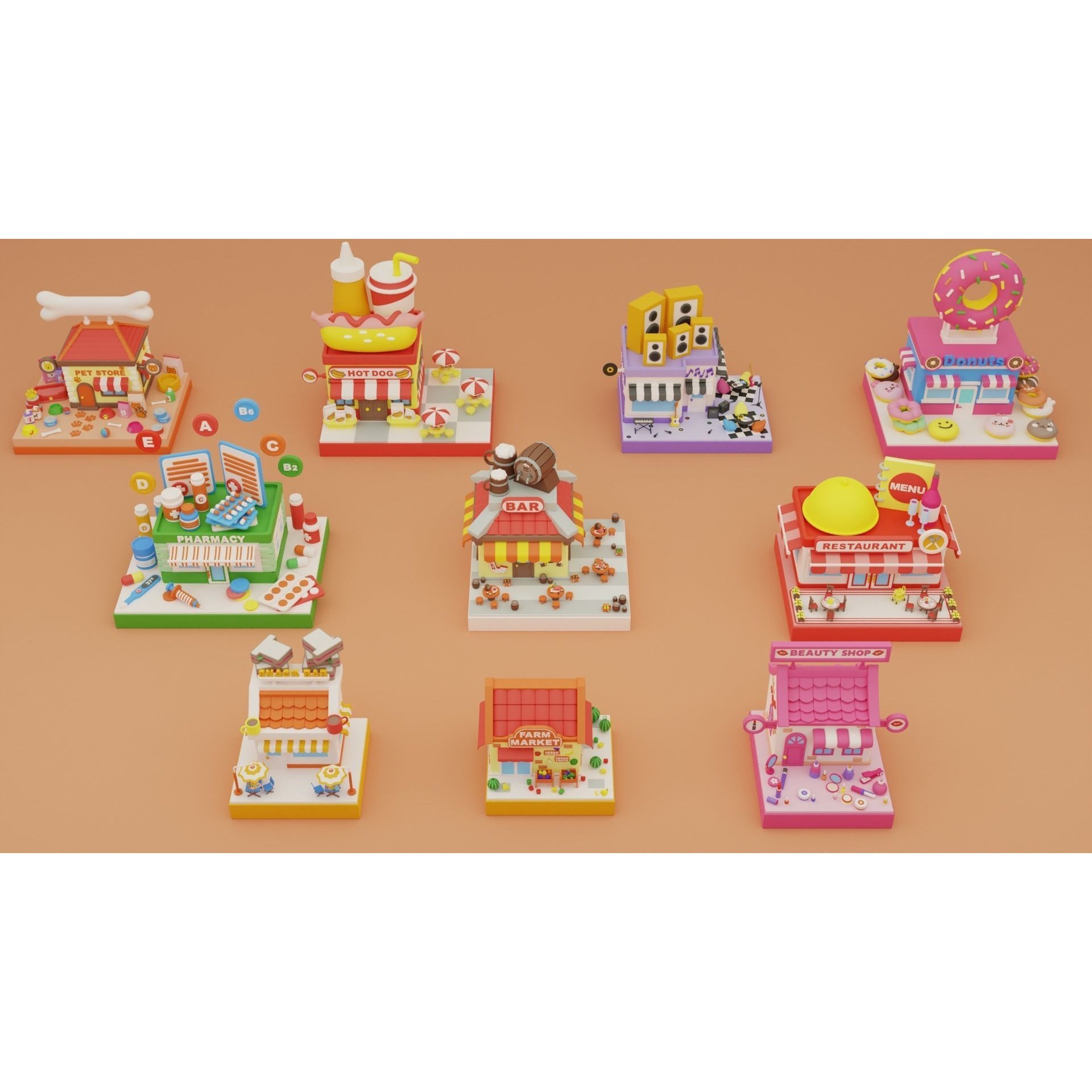 Cartoon Stores Eateries Islands Exteriors 2 - Low-Poly 3D Model - View 3