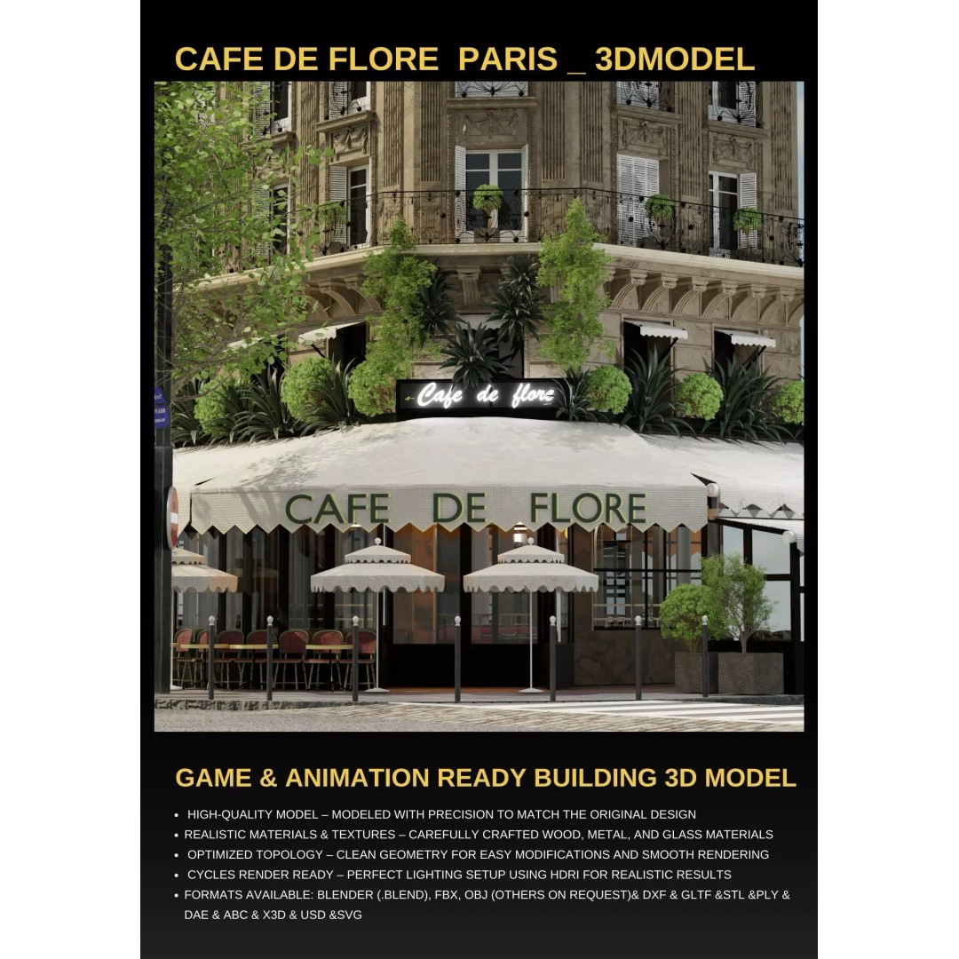 Café de Flore 3D Model – High Poly Architectural Asset, Blender, FBX - View 2