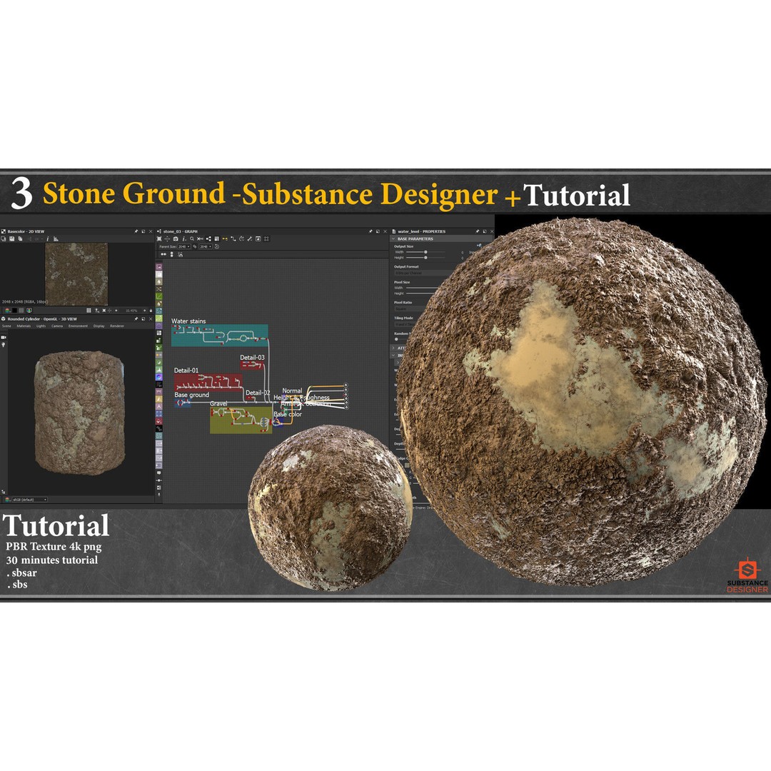 Pebble and Stone Ground 3D Model – PBR Textures Tutorial, SBSAR - View 6