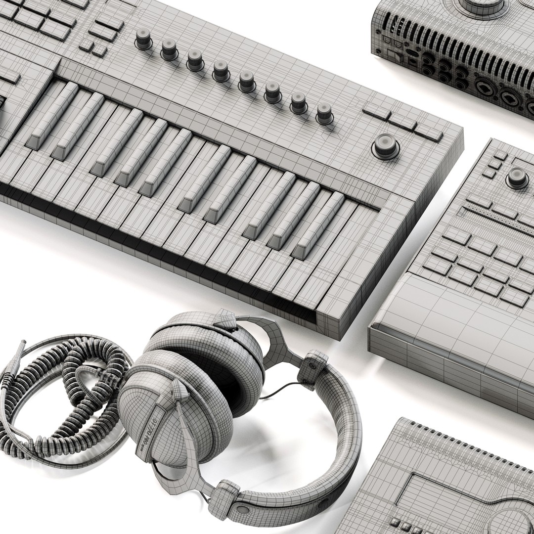 Musical Workspace 3D Model – Detailed Audio Electronics, FBX, OBJ