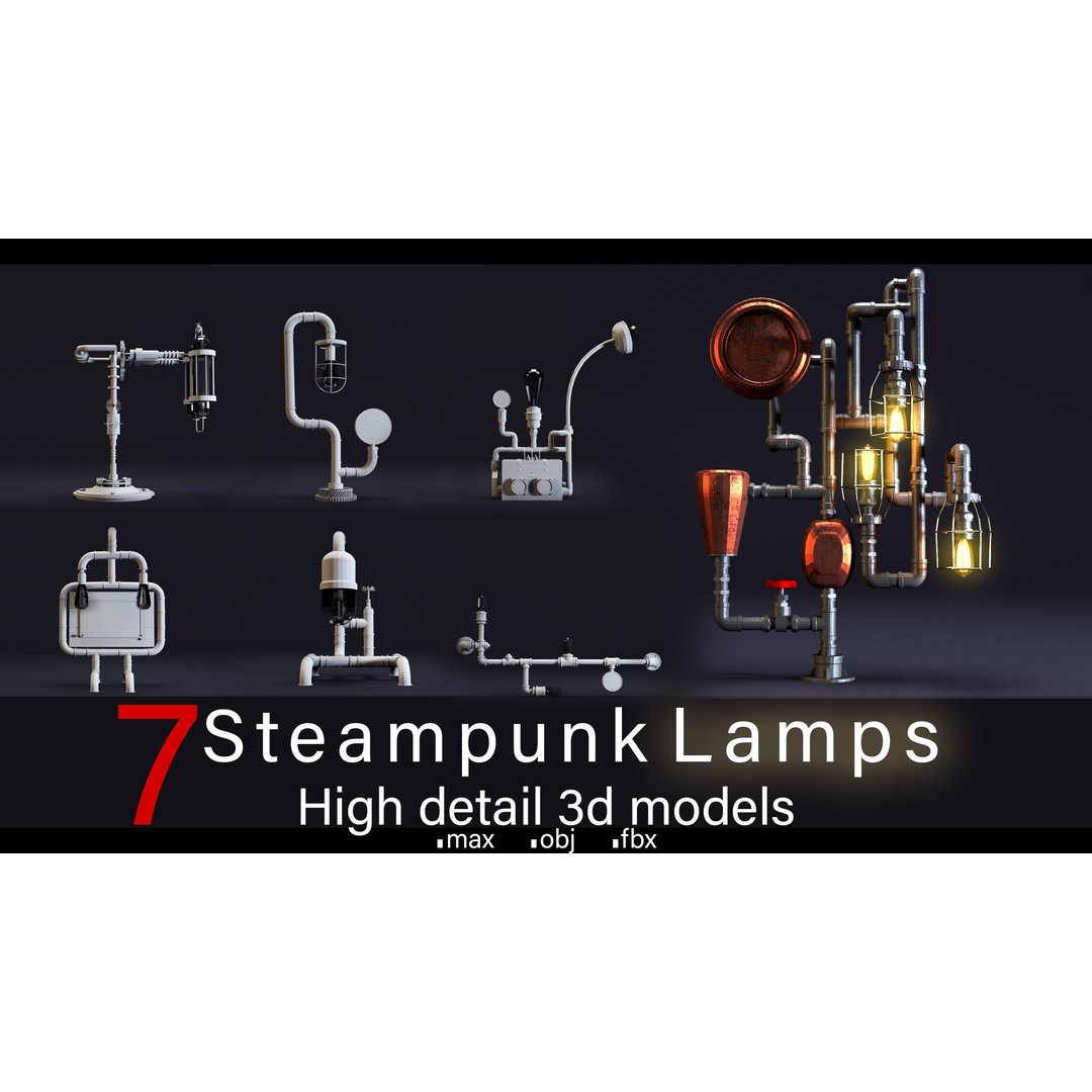 Steampunk Lamps 3D Model – High Detail Low-Poly Props, FBX & OBJ