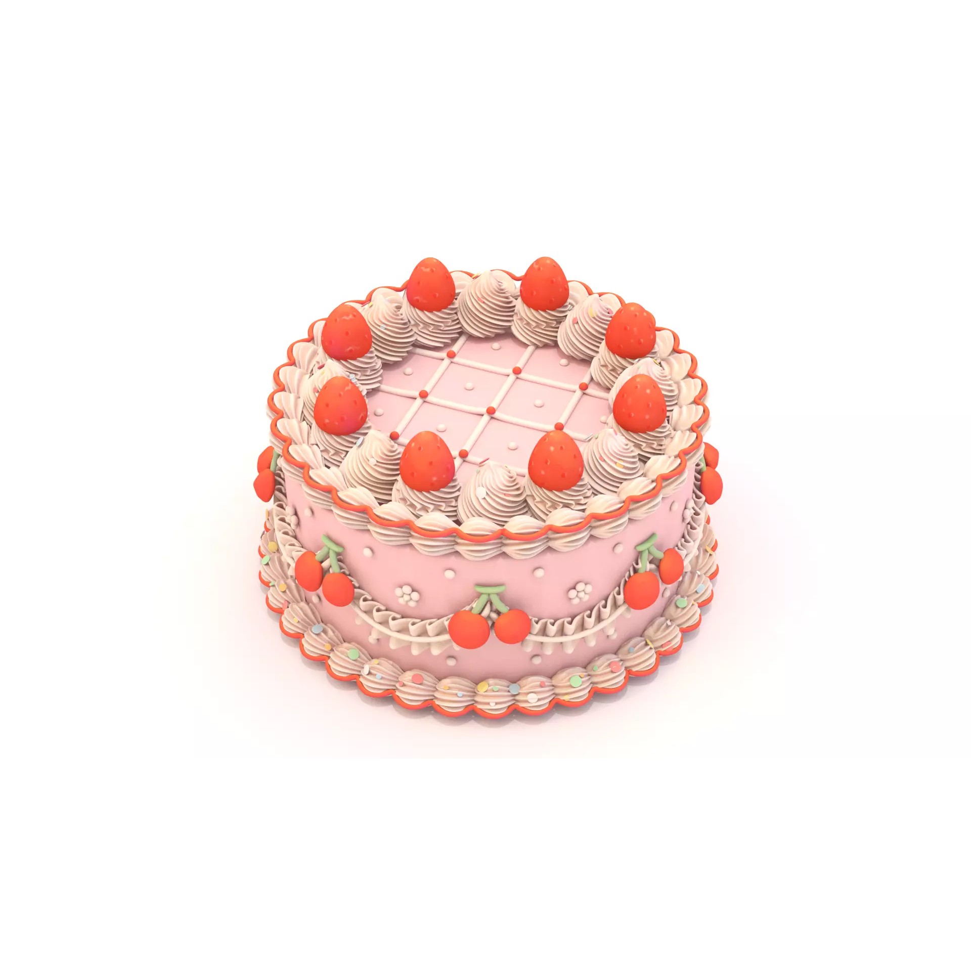Strawberry Cherry Cake - Stylized Whole Cake 3D Model - View 2