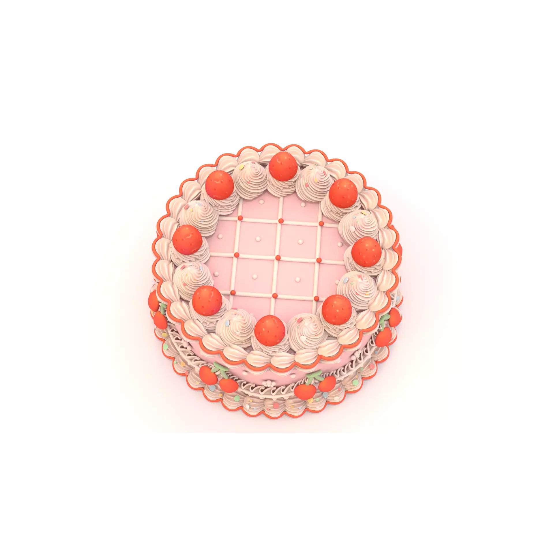 Strawberry Cherry Cake - Stylized Whole Cake 3D Model - View 3